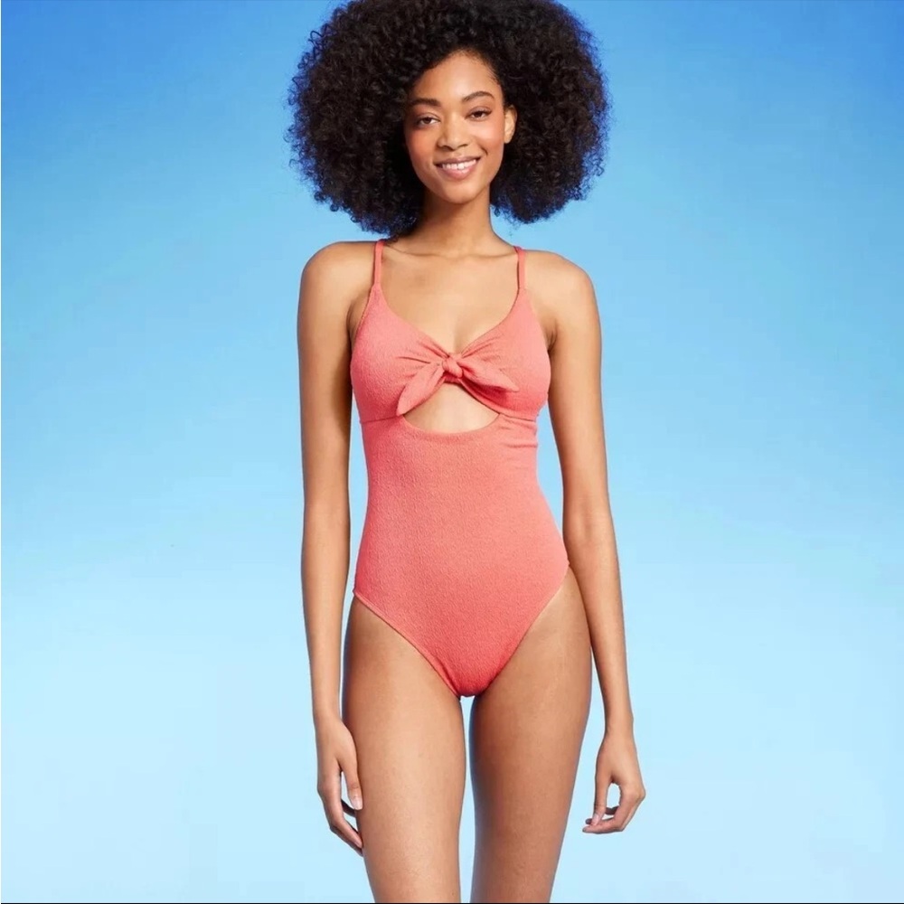 Shade & Shore Coral Pink Crepe One-Piece Swimsuit w/ Front Tie Knot NWT L
